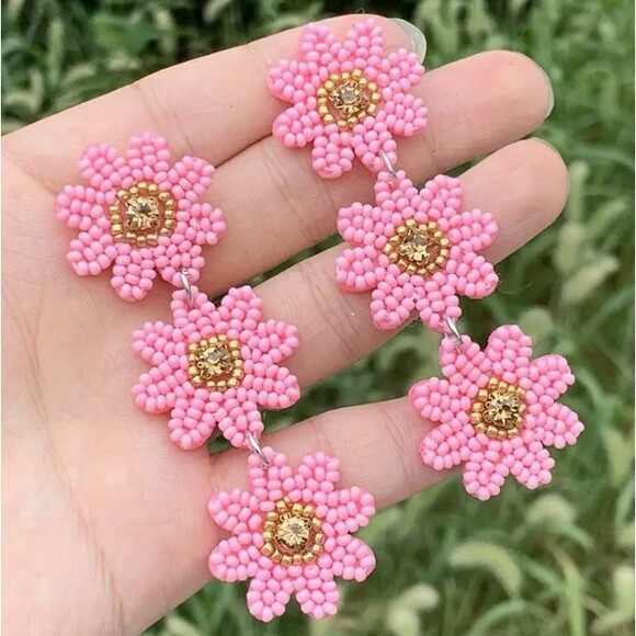 3 Three Pink Seed Beaded Flower Dangle 3.1" L Earrings - Picture 2 of 6
